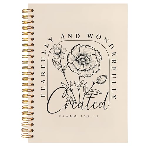 BearCake Floral Christian Notebook Journal, Christian Gifts for Women, Fearfully and Wonderfully Bible Journaling Prayer Journal for Women, Neutral Hardcover Spiral Notebook 5.5x8.3 - color: white Bible-139/14