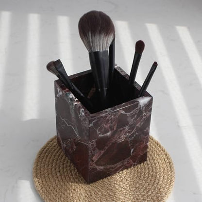 Natural Rosso Levanto Marble Square Storage Container for Toothbrush/Makeup Brush/Pens, Countertop Organizer Bathroom - color: Rosso Levanto