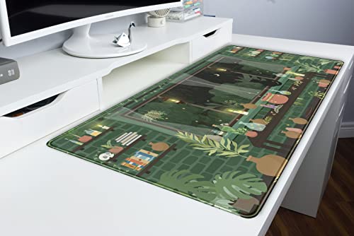 Cute Rainy Night Desk Mat Green Plants Desk Pad, Anime Black Cat Kawaii Large Gaming Mouse Pad, Moonlight Fireflies Deskmat Aesthetic Mousepad XXL, Laptop Keyboard Pad for Women Desk 31.5"x15.75" - color: Dark Green Leaves