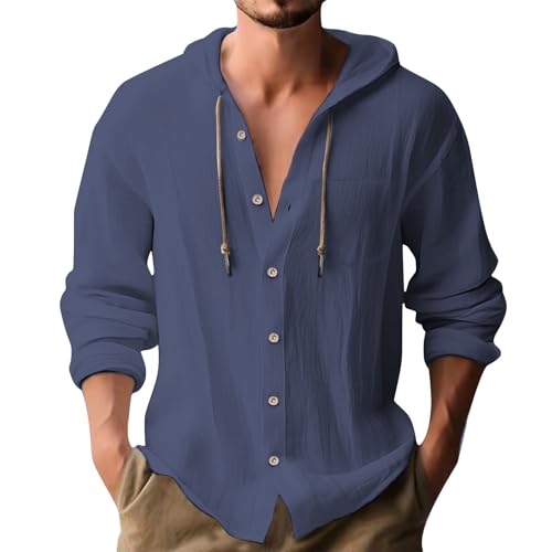 Linen Shirts for Men Casual Button Shirt Summer Cotton Linen Hoodie Beach Long Sleeve Shirts Top with Hood - color: B1-navy, size: Large