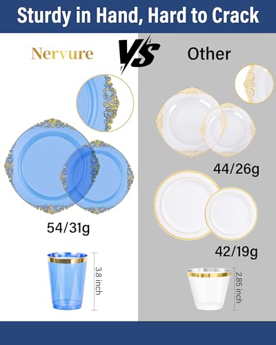 Nervure 175PCS Clear Blue Plastic Plates - Plastic Dinnerware Set Include 25Dinner Plates, 25Dessert Plates, 25Cups, 25Forks, 25Knives, 25Spoons, 25Napkins Perfect for Wedding & Party - color: Transparent Blue, style: 175Pcs(25Guests)