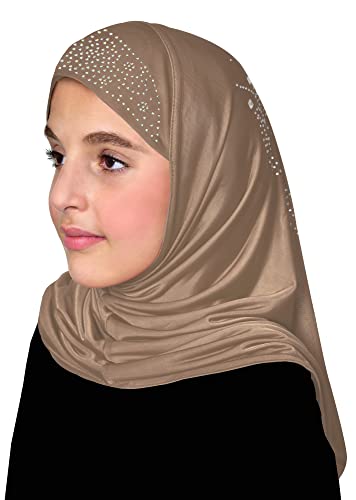 Aiyah Hijab for Girl's 1 piece Elastane-Spandex Amira Head Scarf with Rhinestones Easy Pull-on Headscarf - color: Medium - Tan, size: Medium