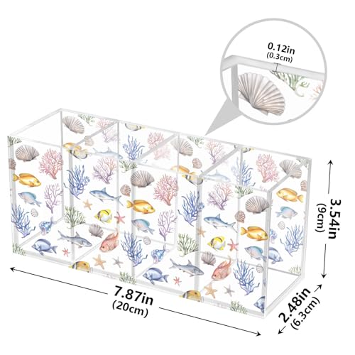 Aquarium Fish Acrylic Pen Holder 4 Compartments Pencil Organizer and Storage Makeup Brush Holder for Home Bedroom School Office Storage