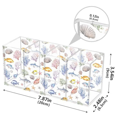 Aquarium Fish Acrylic Pen Holder 4 Compartments Pencil Organizer and Storage Makeup Brush Holder for Home Bedroom School Office Storage