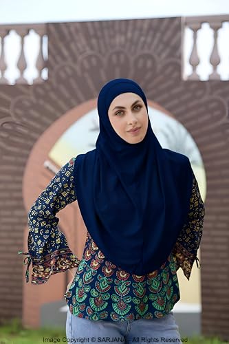 SARJANA Women's Solid Color Cotton Hijab with Under Scarf Cap Ready to Wear Stretch Scarves Long Scarfs FREE SIZE - color: Navy Blue