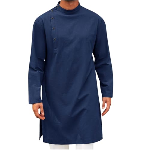 Mens Kaftan Thobe Long Sleeve Stand Collar Side Button Robe Gown Casual Loose Split Cotton Linen Muslim Shirts Top - color: Dark Blue, size: Small