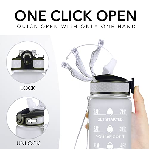 Hyeta Water Bottle with Straw & Time Marker, Plastic 32oz Leakproof | Motivational Tritan BPA Free Gym Office Outdoor Intake Tracker Hourly Reminder Straw Lid Carry Strap - color: Gray-Black