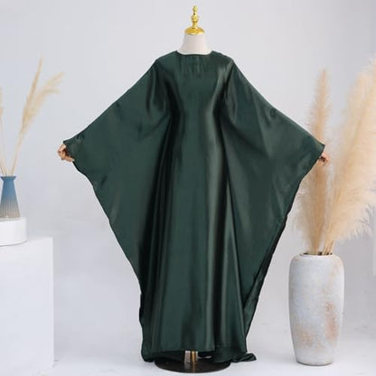 Muslim Dress Women Abaya Elegant Satin Prayer Dress Batwing Long Sleeve with Hijab Arab Islamic Dubai Ramadan Robe - color: Darkgreen