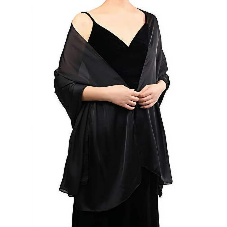Black Silk-Feeling-Sheer-Scarf for Women Lightweight Chiffon-Scarves for Evening Dress Wedding Sunscreen Shawls-Wraps
