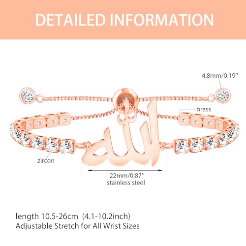 Allah Bracelet for Men and Women, Zircon Tennis Chain Adjustable Low Sensitivity Islamic True God Jewelry for Husband Wife Mom Dad's Religious Belief Gift - color: rose gold