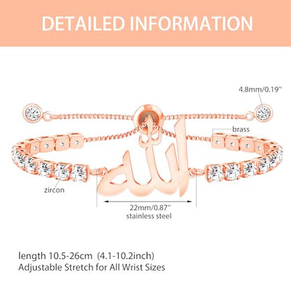 Allah Bracelet for Men and Women, Zircon Tennis Chain Adjustable Low Sensitivity Islamic True God Jewelry for Husband Wife Mom Dad's Religious Belief Gift - color: rose gold