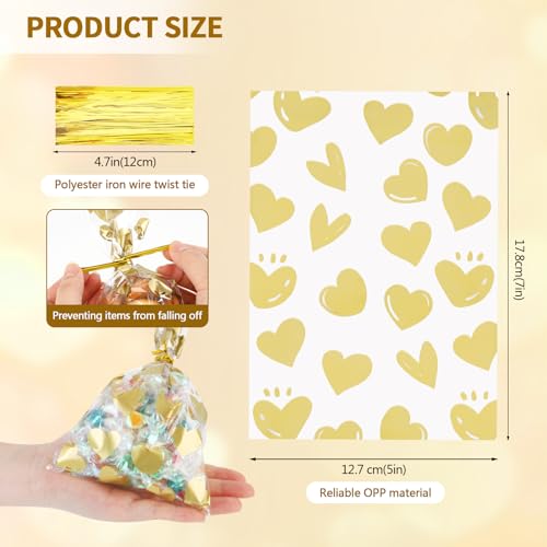 COQOFA 100 Pcs 5x7 IN Gold Heart Cello Cellophane Gift Bags for Baby Shower, Valentine, Wedding, Birthday with Twist Ties - color: Gold Heart, size: 5x7 in