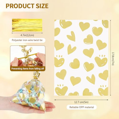 COQOFA 100 Pcs 5x7 IN Gold Heart Cello Cellophane Gift Bags for Baby Shower, Valentine, Wedding, Birthday with Twist Ties - color: Gold Heart, size: 5x7 in