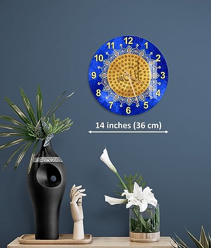 Tempered Glass Islamic Wall Clock - Wall Art and Decor for Living Room, Muslim Home, Eid Gifts, Quran, Ramadan Decoration, Arabic Calligraphy - style: Blue Names of ALLAH