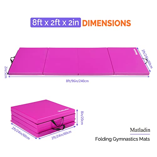 Matladin 8' Folding Gymnastics Gym Exercise Aerobics Mat, 8ft x 2ft x 2in PU Leather Tumbling Mats with Hook & Loop Fastener for Stretching Yoga Cheerleading Martial Arts - color: 'Purple
