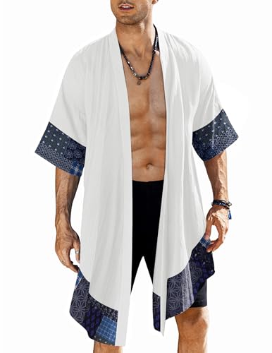COOFANDY Men's Ruffle Shawl Collar Lightweight Cardigan Long Kimono Jackets Open Front Drape Cape Coat - color: White, size: Large