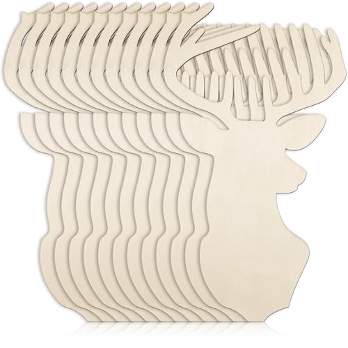 Anglechic 12 Pcs 12 Inch Christmas Deer Head Wood Cutouts DIY Crafts Reindeer Head Unfinished Blank Wooden Pieces Blank Wood Slices Wooden Hanging Ornaments for Outdoor Home Wall Decor - color: Deer, size: 12 Inch