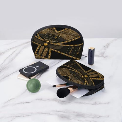 Egyptian Hieroglyphics 2-Piece Shell Makeup Bag Set, Large Capacity Travel Cosmetic Bag For Women With Zipper, Waterproof Polyester Toiletry Organizer Pouch For Purse, Travel, Gym & Daily Use - color: Egyptian Hieroglyphics2
