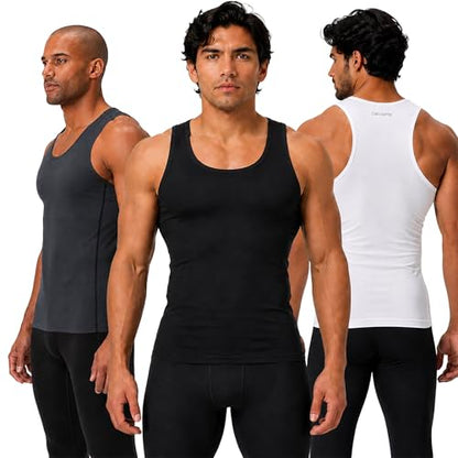 DEVOPS 3 Pack Men's Muscle Dry Fit Compression Tank Top Sleeveless Shirt | Compression Fit, Wicking, 4-Way Stretch, Running, Workout, UPF 50+, Sleeveless - color: Black / Charcoal / White, size: Medium