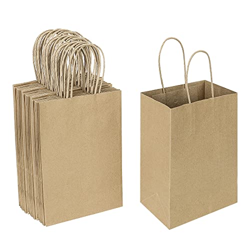 Oikss 50 Pack 5.25x3.25x8.25 Inch Small Brown Gift Bags with Handles Bulk for Birthday Party Favors Grocery Retail Shopping Business Goody Kraft Craft Paper Bags Cub Sacks (Plain Natural 50 Count) - color: Brown