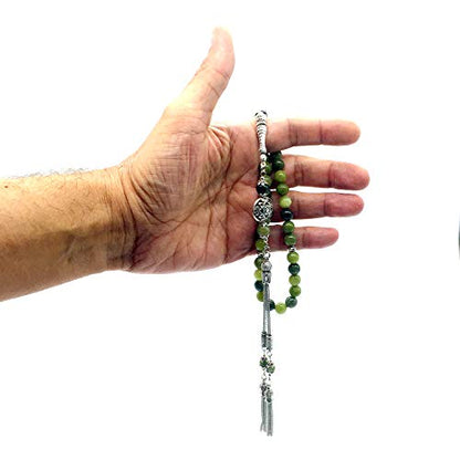Design -Latest Models New Long & Stylist Tassels Worry Beads - Prayer Beads (8 mm-33 Beads) Tesbih-Tasbih-Tasbeeh-Misbaha-Masbaha-Subha-Sebha-Sibha-Rosary (Green Jade Stone - Twin Tassel) - color: Green Jade Stone - Twin Tassel