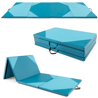 Goplus Folding Gymnastics Mat, 10’ x 4’ x 2’’ Thick Tumbling Mats with PU Leather, Hook & Loop Fasteners, Portable Handles, 4-Panel Exercise Mat for Home Gym Workouts, Yoga - color: Baby Blue+Blue