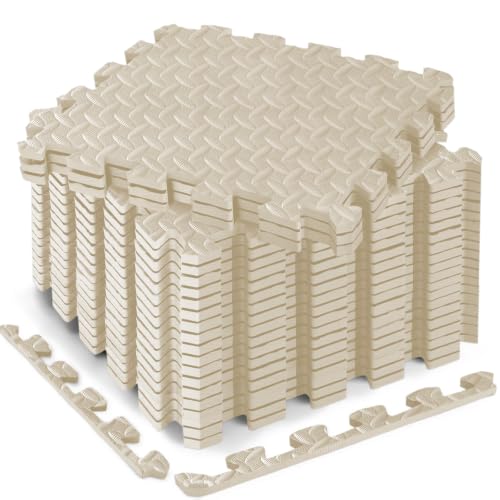 18 Pcs EVA Foam Floor Tiles, Puzzle Exercise Mat Set for Gym | Cover 18 sqft with 12.6" x 12.6" x 0.4" interlocking tiles for home gyms, garages and workout equipment - color: Beige