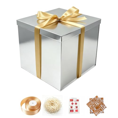 PACKGILO Large Silver Gift Box with Lid 12x12x10 Inches Silver Box - color: 12X12X10Inch-Silver-Pack of 1
