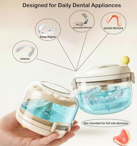 Denture Bath Cup，Retainer Cleaner Case Box,Night Mouth Guard Case Holder,Storage Soak Container with Drain Tray for Travel Cleaning with Mirror and Brush (Beige) - color: Beige