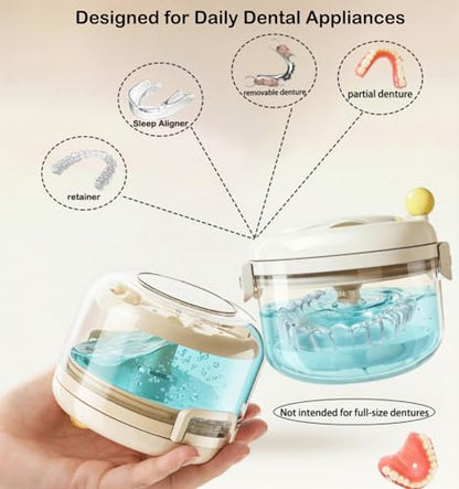 Denture Bath Cup，Retainer Cleaner Case Box,Night Mouth Guard Case Holder,Storage Soak Container with Drain Tray for Travel Cleaning with Mirror and Brush (Beige) - color: Beige