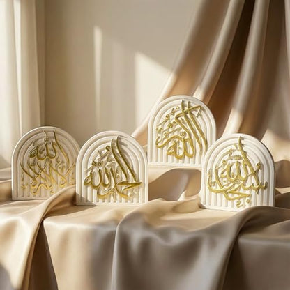 Set of 4 Islamic Table Decor – Gold Edition Arabic Calligraphy for Home or Office – Unique Islamic Art Piece, Perfect for Eid, Ramadan, or Daily Inspiration – White Stone Powder Statue - style: Gold Set of 4