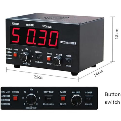 Classic Boxing Interval Timer, Professional Gym Timer with 1-12 Challenge Rounds and Adjustable Buzzer Alarm, 30S-10min Training and 0/30/60S Rest Time, Cycle Repetitions, for MMA/Kickboxing