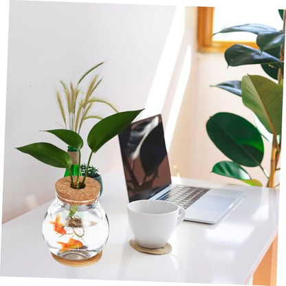 Sosoport Desktop Hydroponic Glass Fish Bowl with Mat Betta Tank for Home Office Decoration Observation Aquarium for Small Plants and Fish
