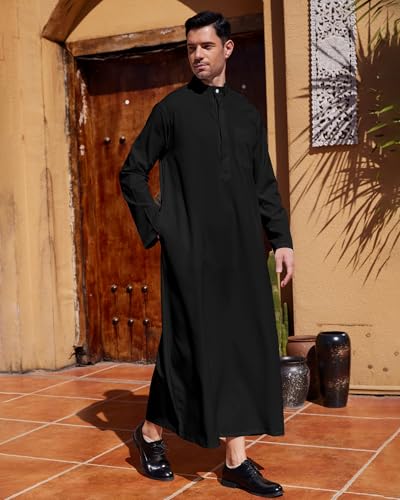 YAOHUOLE Men Islamic Caftan Thobe Big and Tall Kaftan with Pocket Mens Arab Thobe Men Kaftan Thobe - color: Black, size: X-Large