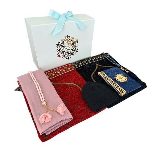 SAIKA 7 Pieces Prayer Rug Set, Prayer Rug Set for Couples & Families, Prayer Beads, Scarf, Muslim Hat, Prayer mats & Short Surahs Book, Islamic Gift, Janmaz, Salah mat, Rmadan Gift (Blue Box Set) - color: Blue Box Set