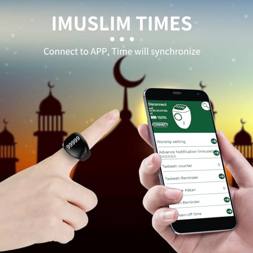Smart Tasbih Zikr Ring,Adjustable Counter, 3 Sizes (18,20,22mm) Muslim Digital Azan Alarm Clock,APP Support Digital Counter Prayer Reminder Rings, Waterproof 5 Digit Finger Counter zikr Ring - color: Black