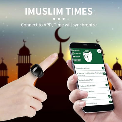 Smart Tasbih Zikr Ring,Adjustable Counter, 3 Sizes (18,20,22mm) Muslim Digital Azan Alarm Clock,APP Support Digital Counter Prayer Reminder Rings, Waterproof 5 Digit Finger Counter zikr Ring - color: Black