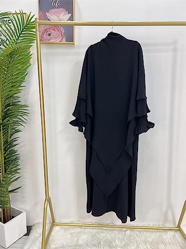 Women Prayer Dress Muslim Ramadan Garment Abaya Dubai Islam Jilbeb 2 Piece Set Layered Khimar Scarf Hijab and Long Dress - color: Black, size: Small