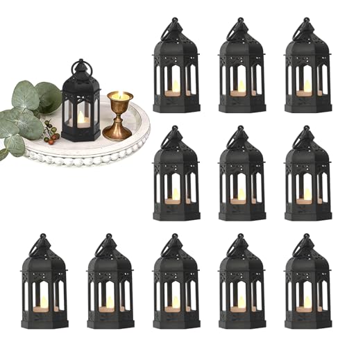 Mini Moroccan Lanterns with Flicker LED Candles Set of 12, Black Vintage Decorative Hanging Lanterns for Ramadan Decorations, Christmas, Halloween, Wedding Decor, Party, Table Centerpiece - color: Black