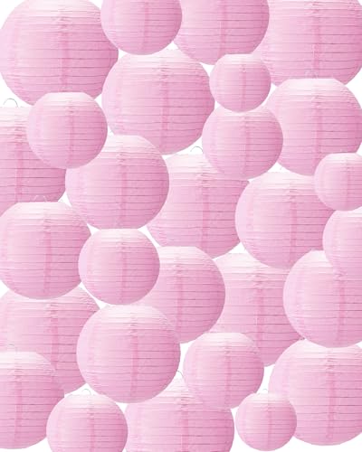 Treela 48 Pcs Paper Lanterns Party Decorations Chinese Round Paper Decor 4/6/8/10 Inch Asian Hanging Lamps Decorative for Graduate Wedding Birthday Party Bridal Parties Supplies (Pink) - color: Pink
