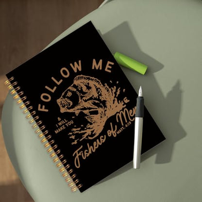 WUCHJ Black Retro Fish Christian Notebook,Black Boys Religious Notebook, Matthew 4:19 Bible Verse Journal, Religious Scripture Spiral Notebook Journal for Note Taking, Christian Faith Based Gifts for Women Men, 5.5x8.3 Inch - color: black and yellow follo