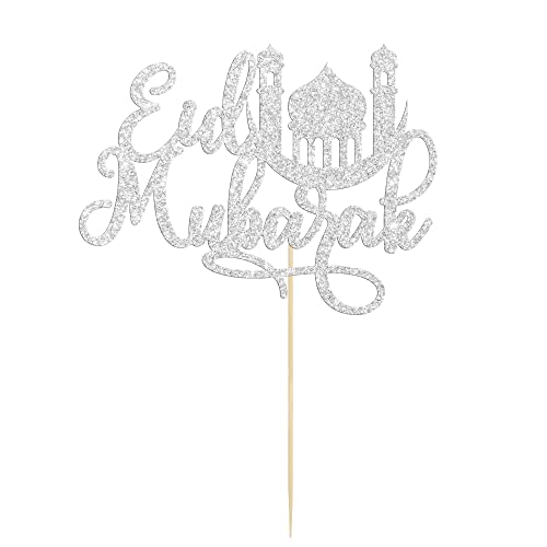 1 Pack Eid Mubarak Cake Topper Silver Glitter Moon Star Hajj Mubarak Eid Cake Picks Islamic Muslim Eid Mubarak Festival Ramadam Kareem Party Cake Decorations Supplies - color: Silver-4