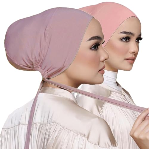 Women Under Scarf Hat Hijab Undercap Islamic Muslim Under Scarf Hijab Cap with Tie-Back Closure - color: Skin Pink+pink