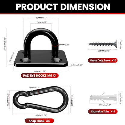 sprookber 304 Stainless Steel Pad Eye Snap Hooks, M6 Heavy Duty Ceiling Hooks, 800 lb Capacity Hammock Swing Hanging kit, Plant Hangers, Marine Hardware Staple Hook Loop with Screws, Set of 8(Black) - size: 2.3 inch, style: Black Square