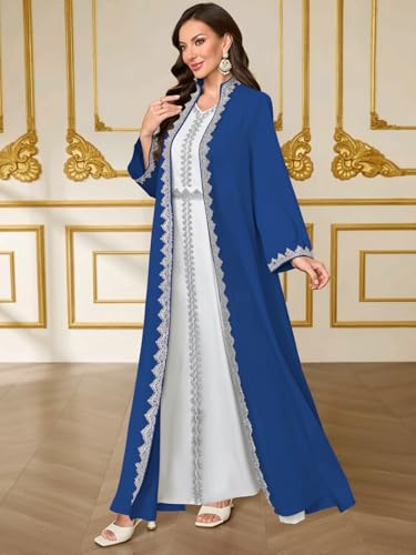 Elegant Muslim Dress with Embroidered Traditional Islamic Attire Maxi Robe Eid Prayer Gown - color: Blue and White, size: Small