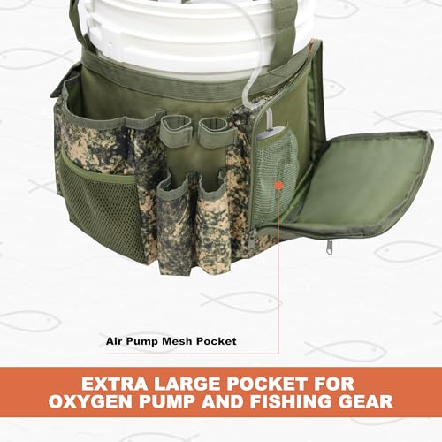MYDAYS Fishing Bucket Organizer, Fishing Tackle Bag for Men, Rod and Tackle Boxes Holder Bag with Adjustable Buckle, Bucket Not Included (Green Camo)