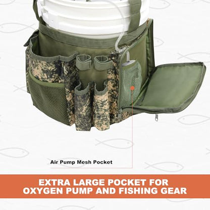 MYDAYS Fishing Bucket Organizer, Fishing Tackle Bag for Men, Rod and Tackle Boxes Holder Bag with Adjustable Buckle, Bucket Not Included (Green Camo)