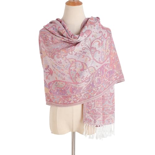 Paisley Pashmina Rave Shawl Scarf-Women's Reversible Ethnic Jacquard Pashmina Wraps for Travel - color: A#.pink White