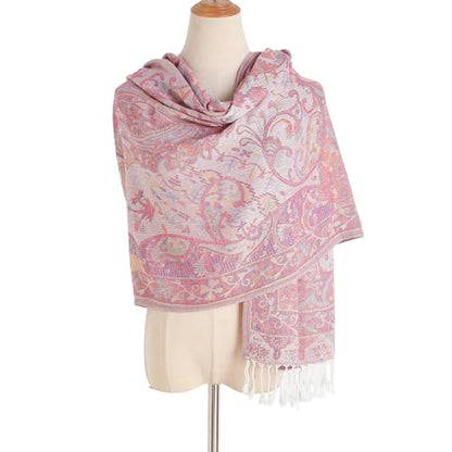 Paisley Pashmina Rave Shawl Scarf-Women's Reversible Ethnic Jacquard Pashmina Wraps for Travel - color: A#.pink White