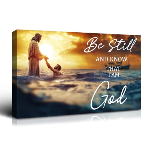 Wewejia Christian Jesus Canvas Wall Art 16x12 inch, Jesus Saves Drowning Man Poster, Large Religious Beliefs Painting Wall Art, Blue Ocean Religious Murals, Living Room Bedroom Church Wall Decor - color: WWJYSS133, size: 16"L x 12"W